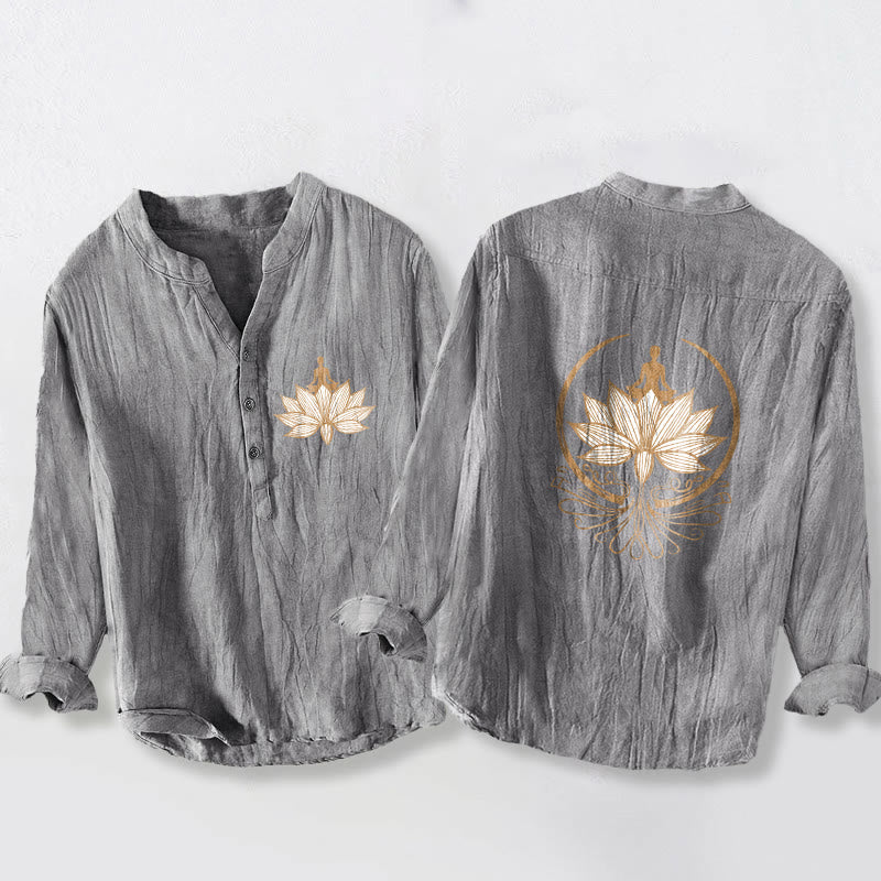 Camicia da uomo in cotone e lino a maniche lunghe con motivo a loto e motivo a Buddha Stones - Grigio - US/UK/AU50, EU60 (5XL) - image 0