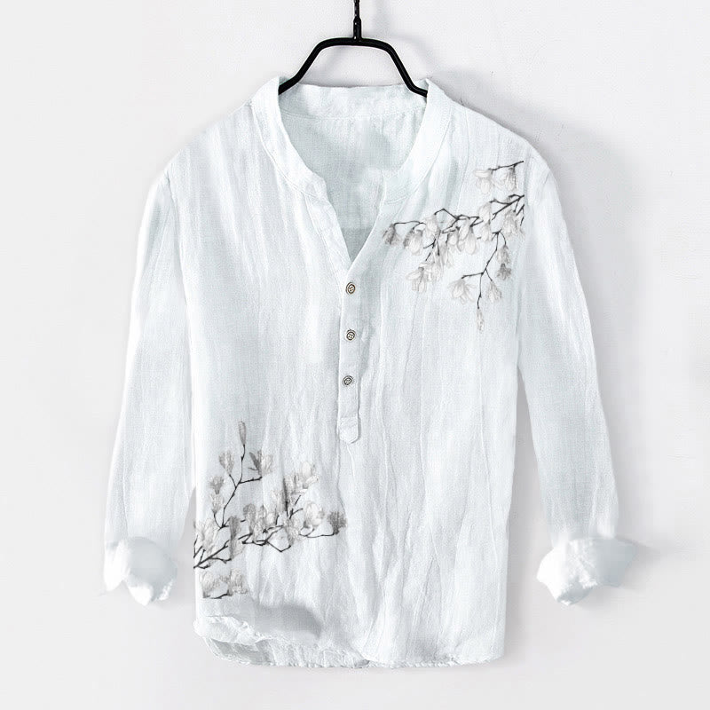 Camicia da uomo in cotone e lino a maniche lunghe con motivo Buddha Stones, Magnolia, Rami e bottoni - Bianco - US/UK/AU50, EU60 (5XL) - image 6