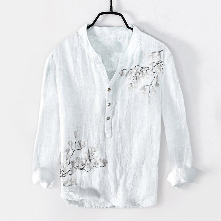 Camicia da uomo in cotone e lino a maniche lunghe con motivo Buddha Stones, Magnolia, Rami e bottoni - Bianco - US/UK/AU50, EU60 (5XL) - image 6