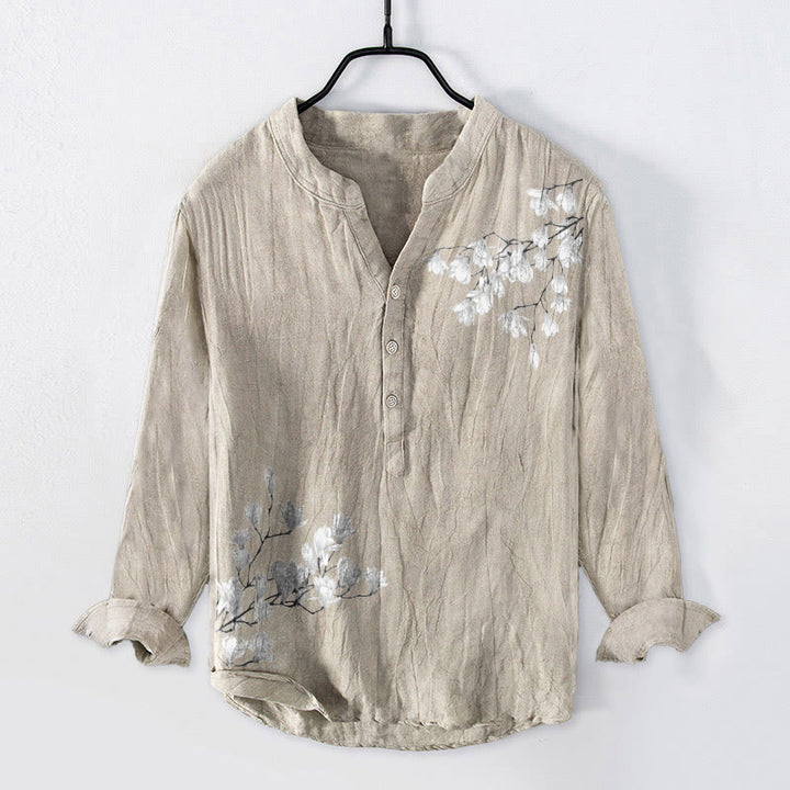 Camicia da uomo in cotone e lino a maniche lunghe con motivo Buddha Stones, Magnolia, Rami e bottoni - Biancheria - US/UK/AU50, EU60 (5XL) - image 3