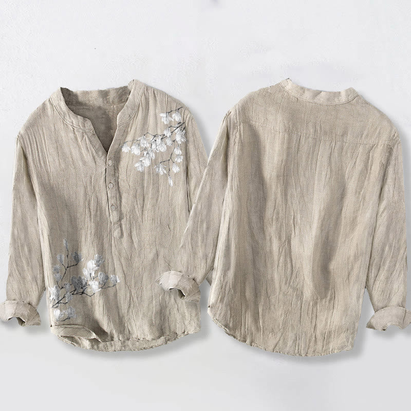 Camicia da uomo in cotone e lino a maniche lunghe con motivo Buddha Stones, Magnolia, Rami e bottoni - image 5