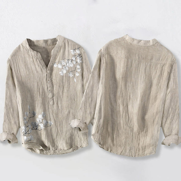 Camicia da uomo in cotone e lino a maniche lunghe con motivo Buddha Stones, Magnolia, Rami e bottoni - image 5