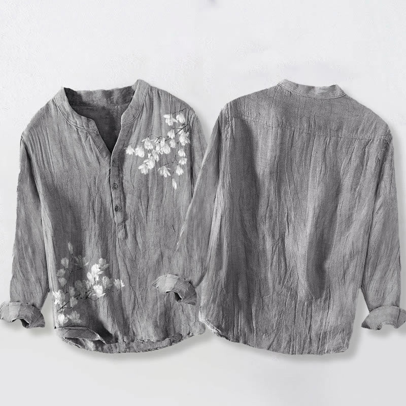 Camicia da uomo in cotone e lino a maniche lunghe con motivo Buddha Stones, Magnolia, Rami e bottoni - image 2