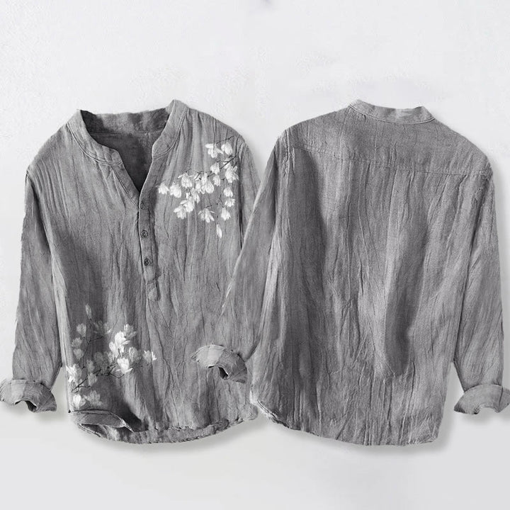 Camicia da uomo in cotone e lino a maniche lunghe con motivo Buddha Stones, Magnolia, Rami e bottoni - image 2