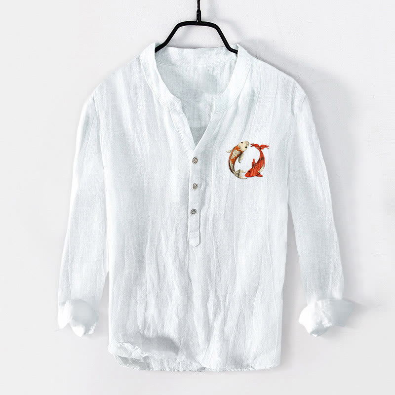 Camicia da uomo in cotone e lino a maniche lunghe con bottoni mezzi, motivo Buddha Stones, rosso, bianco, Koi Fish, Yin Yang - image 7
