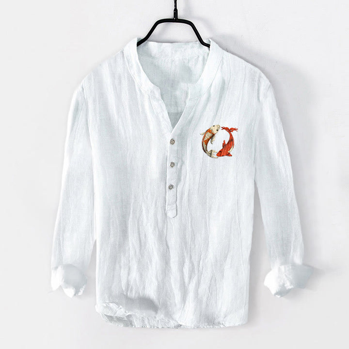 Camicia da uomo in cotone e lino a maniche lunghe con bottoni mezzi, motivo Buddha Stones, rosso, bianco, Koi Fish, Yin Yang - image 7