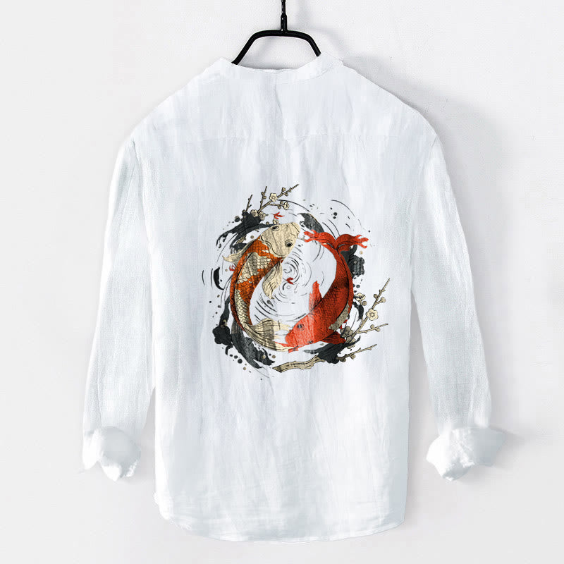 Camicia da uomo in cotone e lino a maniche lunghe con bottoni mezzi, motivo Buddha Stones, rosso, bianco, Koi Fish, Yin Yang - image 8