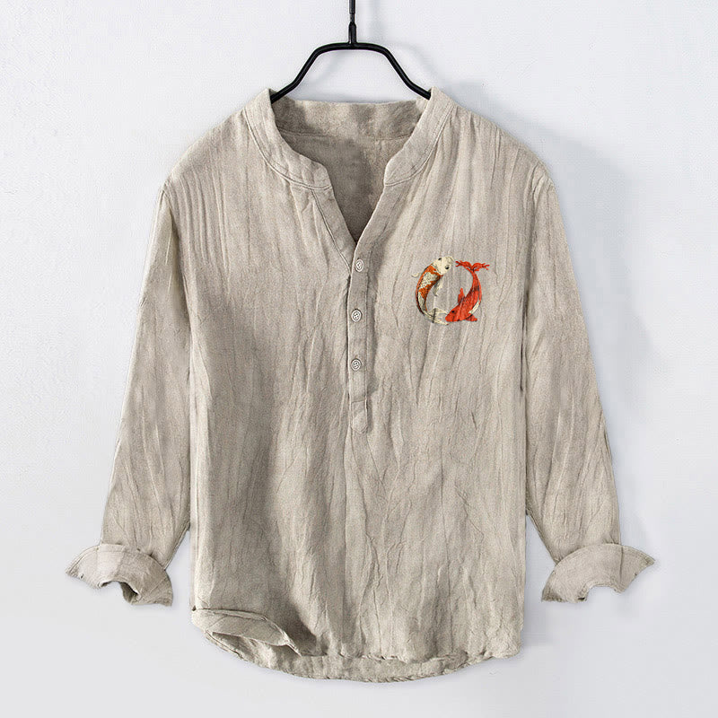 Camicia da uomo in cotone e lino a maniche lunghe con bottoni mezzi, motivo Buddha Stones, rosso, bianco, Koi Fish, Yin Yang - image 1