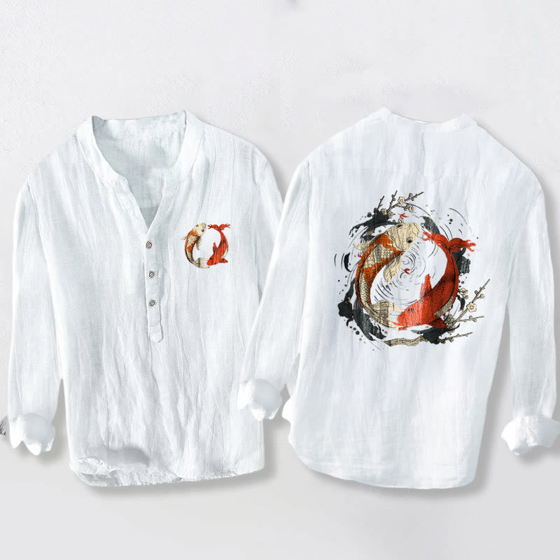 Camicia da uomo in cotone e lino a maniche lunghe con bottoni mezzi, motivo Buddha Stones, rosso, bianco, Koi Fish, Yin Yang - Bianco - US/UK/AU50, EU60 (5XL) - image 6