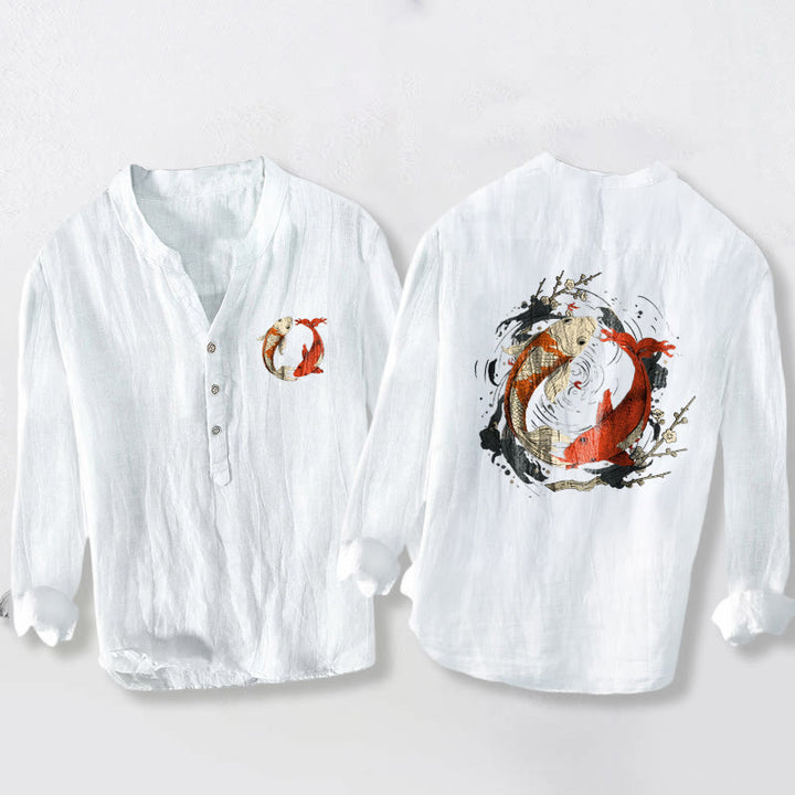 Camicia da uomo in cotone e lino a maniche lunghe con bottoni mezzi, motivo Buddha Stones, rosso, bianco, Koi Fish, Yin Yang - Bianco - US/UK/AU50, EU60 (5XL) - image 6