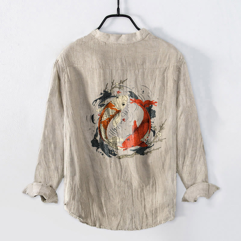 Camicia da uomo in cotone e lino a maniche lunghe con bottoni mezzi, motivo Buddha Stones, rosso, bianco, Koi Fish, Yin Yang - image 2