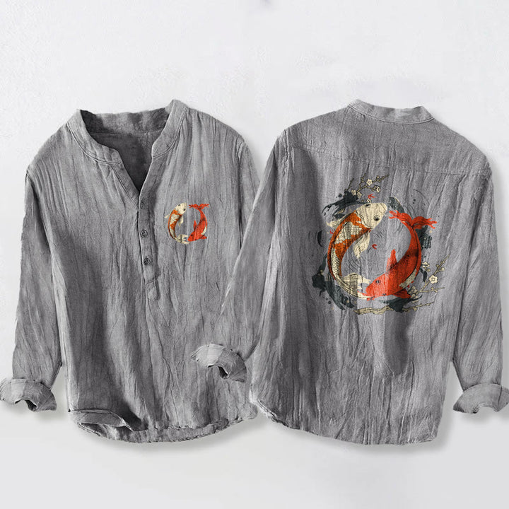 Camicia da uomo in cotone e lino a maniche lunghe con bottoni mezzi, motivo Buddha Stones, rosso, bianco, Koi Fish, Yin Yang - Grigio - US/UK/AU50, EU60 (5XL) - image 3