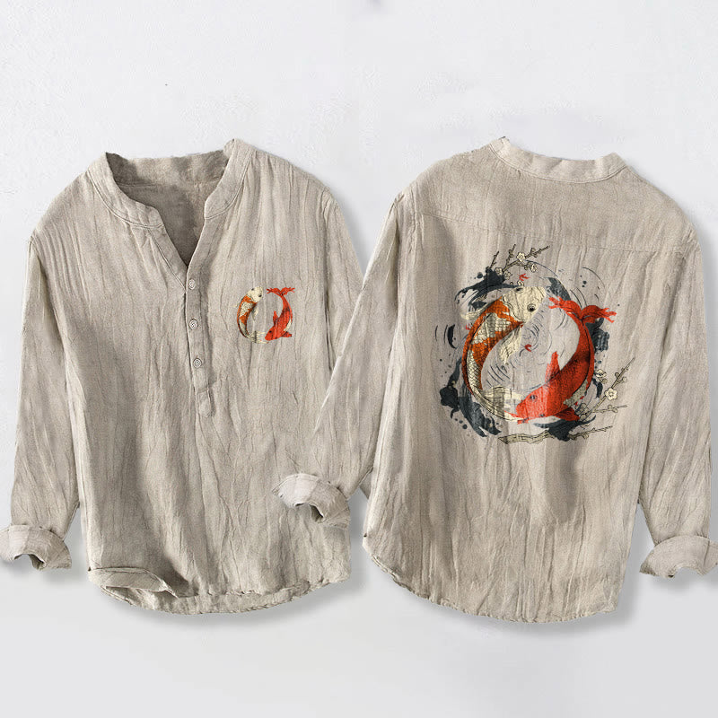 Camicia da uomo in cotone e lino a maniche lunghe con bottoni mezzi, motivo Buddha Stones, rosso, bianco, Koi Fish, Yin Yang - Biancheria - US/UK/AU50, EU60 (5XL) - image 0