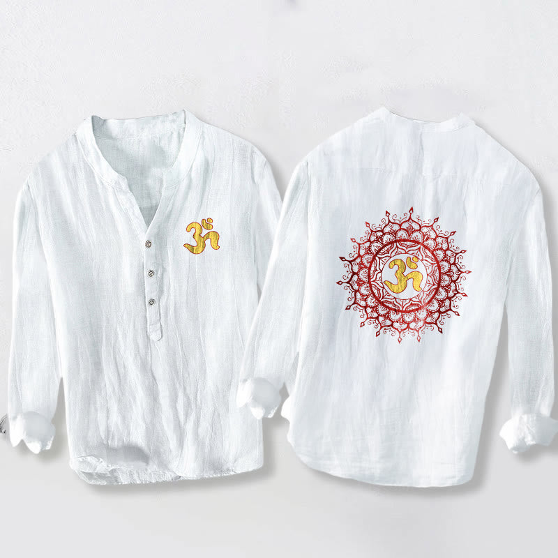 Camicia da uomo in cotone e lino a maniche lunghe con motivo mandala, simbolo OM Buddha Stones - Bianco - US/UK/AU50, EU60 (5XL) - image 0