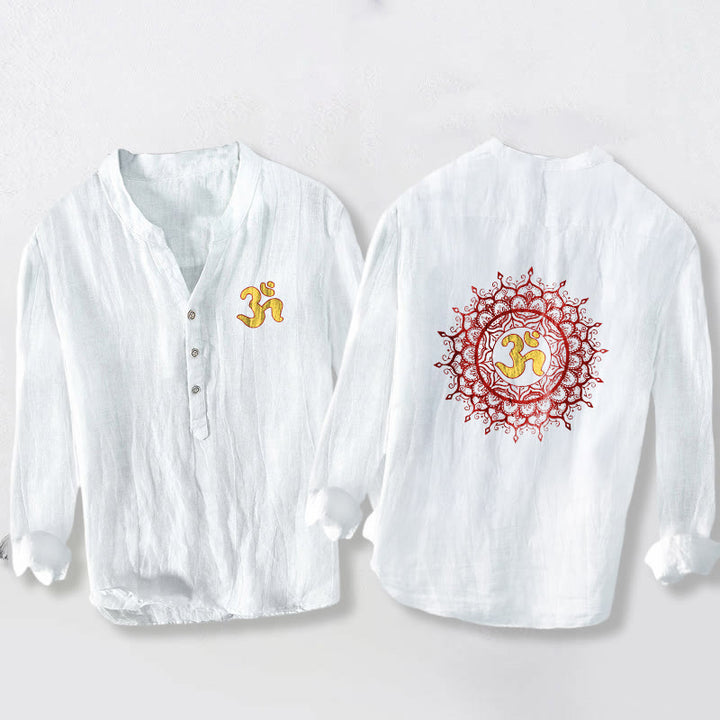 Camicia da uomo in cotone e lino a maniche lunghe con motivo mandala, simbolo OM Buddha Stones - Bianco - US/UK/AU50, EU60 (5XL) - image 0