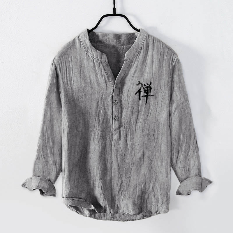 Camicia da uomo in cotone e lino a maniche lunghe con bottoni mezzi, motivo Buddha Stones Zen Character Pine Tree Sun - image 1