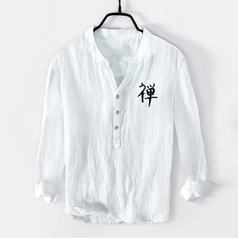 Camicia da uomo in cotone e lino a maniche lunghe con bottoni mezzi, motivo Buddha Stones Zen Character Pine Tree Sun - image 7