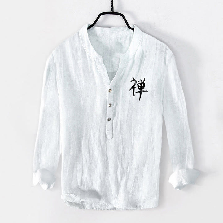 Camicia da uomo in cotone e lino a maniche lunghe con bottoni mezzi, motivo Buddha Stones Zen Character Pine Tree Sun - image 7