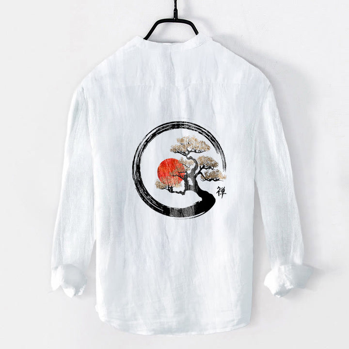 Camicia da uomo in cotone e lino a maniche lunghe con bottoni mezzi, motivo Buddha Stones Zen Character Pine Tree Sun - image 8