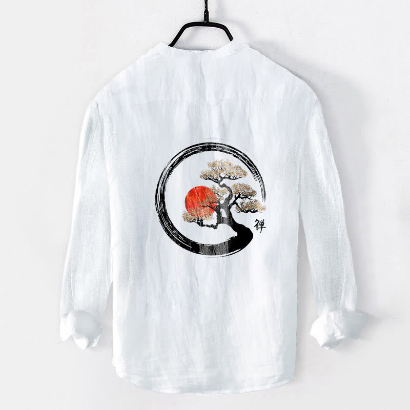 Camicia da uomo in cotone e lino a maniche lunghe con bottoni mezzi, motivo Buddha Stones Zen Character Pine Tree Sun - image 8