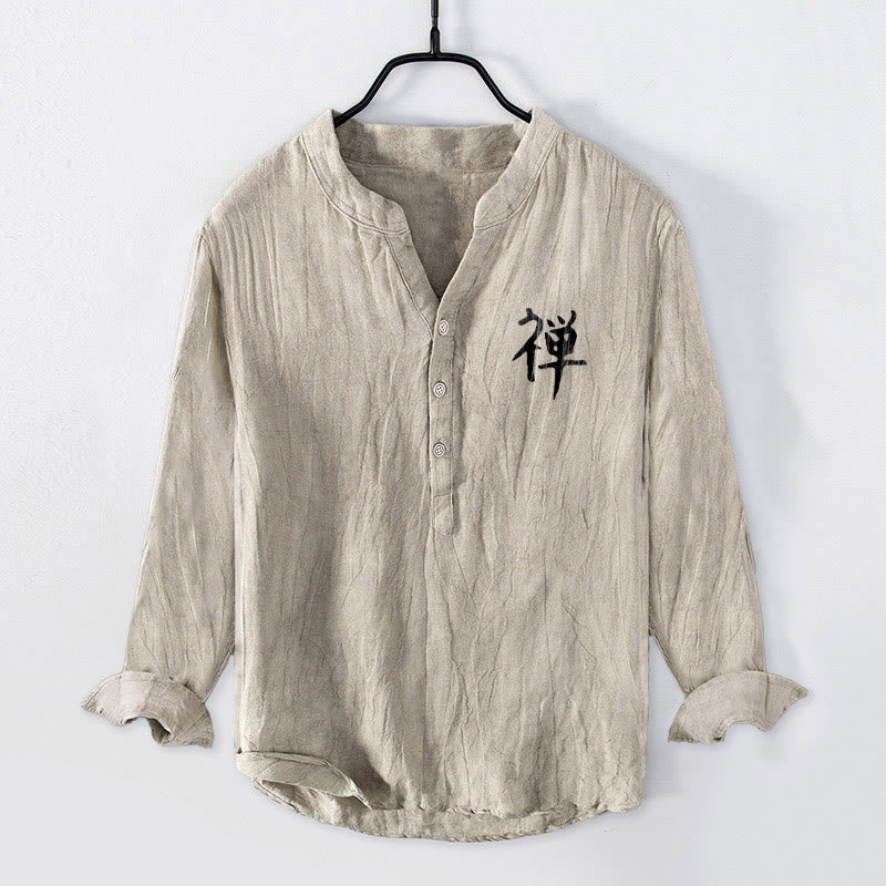 Camicia da uomo in cotone e lino a maniche lunghe con bottoni mezzi, motivo Buddha Stones Zen Character Pine Tree Sun - image 4