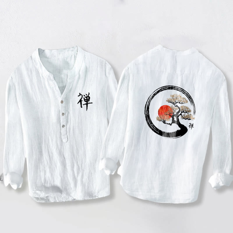 Camicia da uomo in cotone e lino a maniche lunghe con bottoni mezzi, motivo Buddha Stones Zen Character Pine Tree Sun - Bianco - US/UK/AU50, EU60 (5XL) - image 6