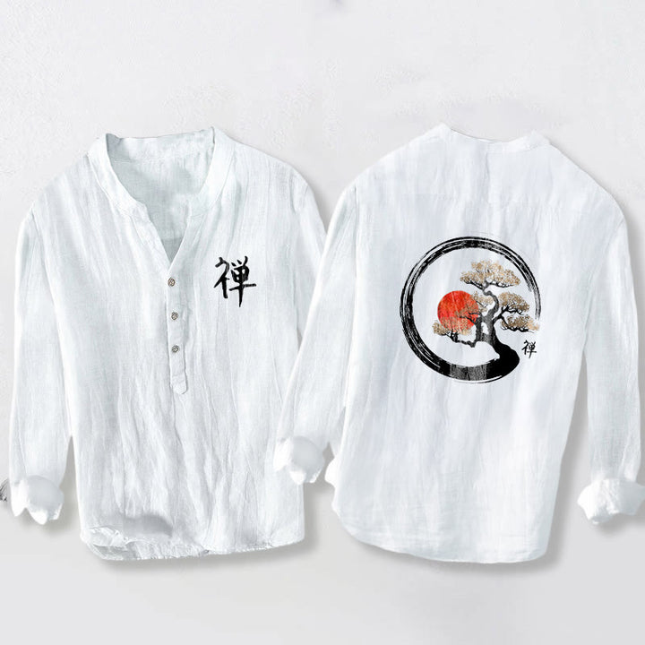 Camicia da uomo in cotone e lino a maniche lunghe con bottoni mezzi, motivo Buddha Stones Zen Character Pine Tree Sun - Bianco - US/UK/AU50, EU60 (5XL) - image 6