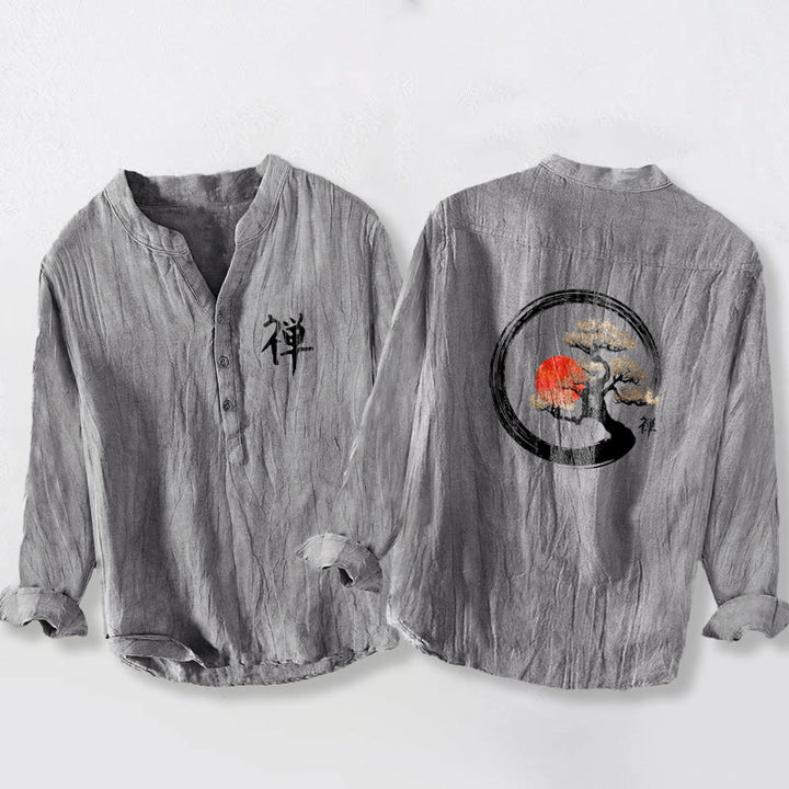 Camicia da uomo in cotone e lino a maniche lunghe con bottoni mezzi, motivo Buddha Stones Zen Character Pine Tree Sun - Grigio - US/UK/AU50, EU60 (5XL) - image 0