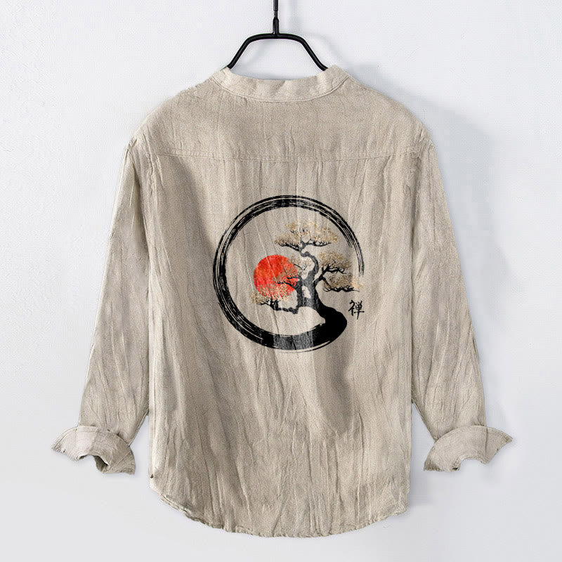 Camicia da uomo in cotone e lino a maniche lunghe con bottoni mezzi, motivo Buddha Stones Zen Character Pine Tree Sun - image 5