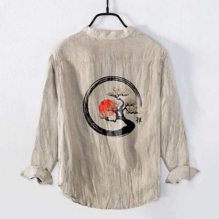 Camicia da uomo in cotone e lino a maniche lunghe con bottoni mezzi, motivo Buddha Stones Zen Character Pine Tree Sun - image 5