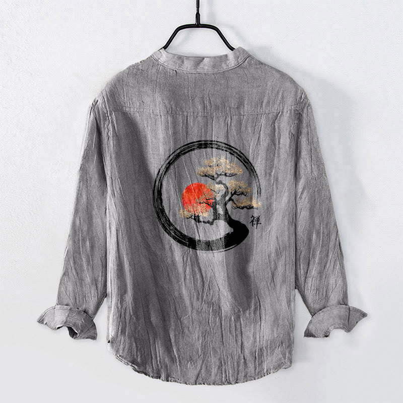 Camicia da uomo in cotone e lino a maniche lunghe con bottoni mezzi, motivo Buddha Stones Zen Character Pine Tree Sun - image 2
