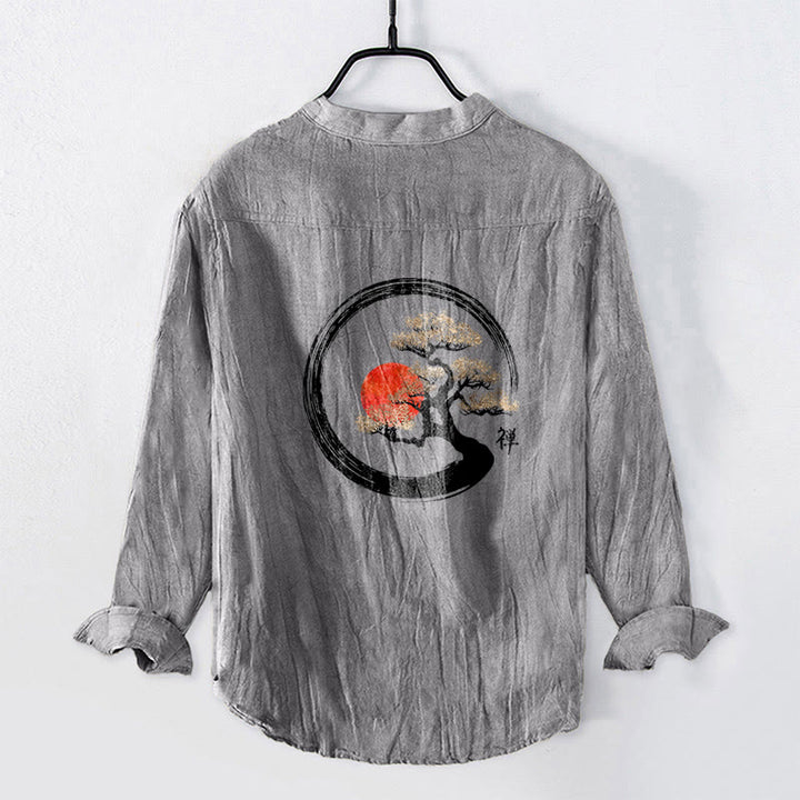 Camicia da uomo in cotone e lino a maniche lunghe con bottoni mezzi, motivo Buddha Stones Zen Character Pine Tree Sun - image 2