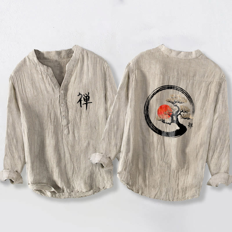 Camicia da uomo in cotone e lino a maniche lunghe con bottoni mezzi, motivo Buddha Stones Zen Character Pine Tree Sun - Biancheria - US/UK/AU50, EU60 (5XL) - image 3