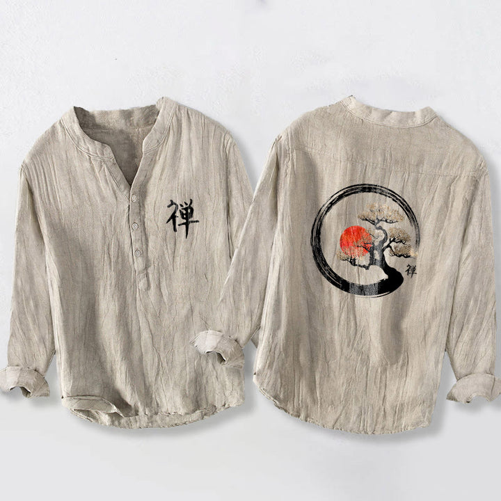 Camicia da uomo in cotone e lino a maniche lunghe con bottoni mezzi, motivo Buddha Stones Zen Character Pine Tree Sun - Biancheria - US/UK/AU50, EU60 (5XL) - image 3