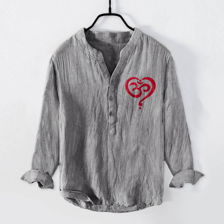 Camicia da uomo in cotone e lino a maniche lunghe con motivo a cuore con Buddha Stones e simbolo OM, bottoni a metà - Grigio - US/UK/AU50, EU60 (5XL) - image 3