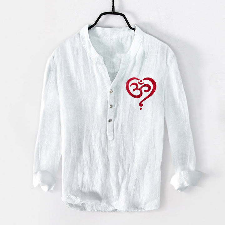 Camicia da uomo in cotone e lino a maniche lunghe con motivo a cuore con Buddha Stones e simbolo OM, bottoni a metà - Bianco - US/UK/AU50, EU60 (5XL) - image 6