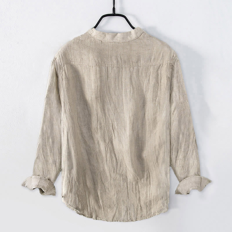 Camicia da uomo in cotone e lino a maniche lunghe con motivo a cuore con Buddha Stones e simbolo OM, bottoni a metà - image 1