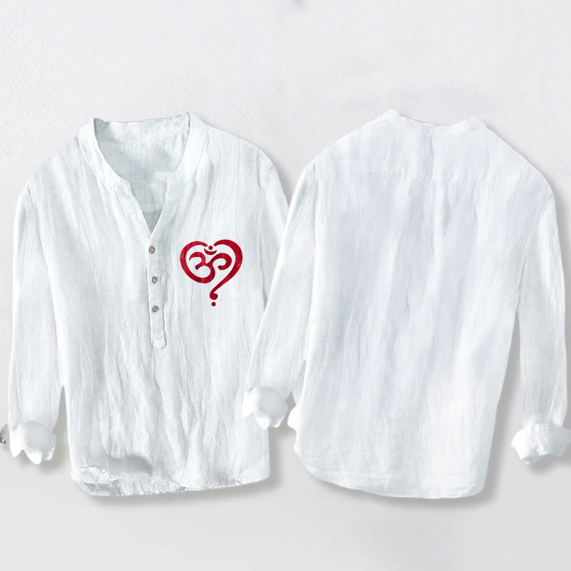 Camicia da uomo in cotone e lino a maniche lunghe con motivo a cuore con Buddha Stones e simbolo OM, bottoni a metà - image 8