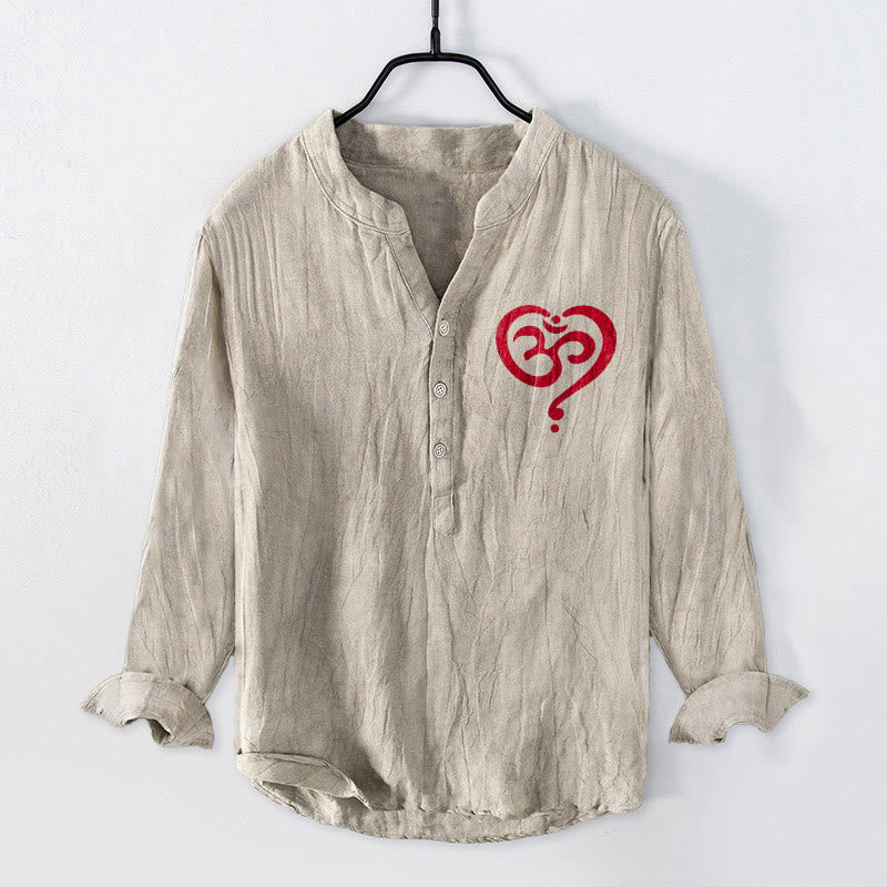Camicia da uomo in cotone e lino a maniche lunghe con motivo a cuore con Buddha Stones e simbolo OM, bottoni a metà - Biancheria - US/UK/AU50, EU60 (5XL) - image 0