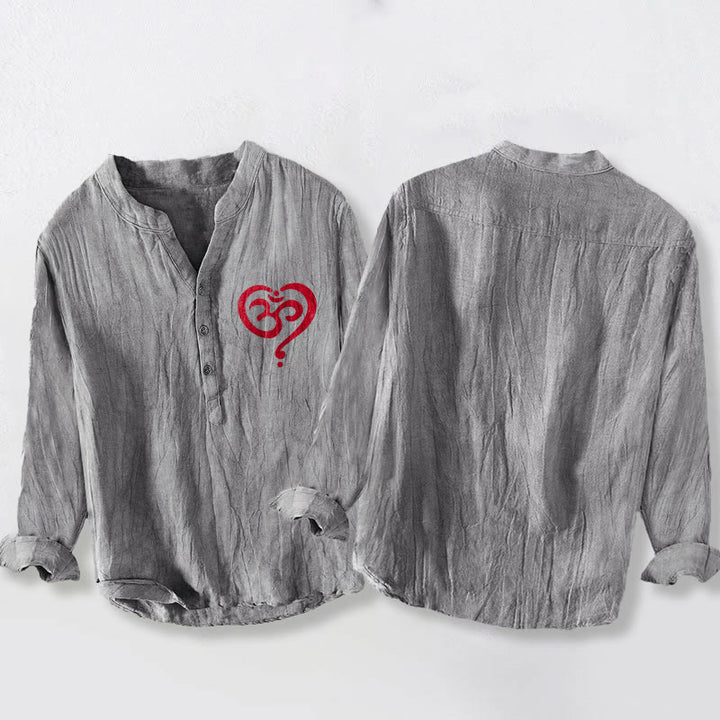 Camicia da uomo in cotone e lino a maniche lunghe con motivo a cuore con Buddha Stones e simbolo OM, bottoni a metà - image 5