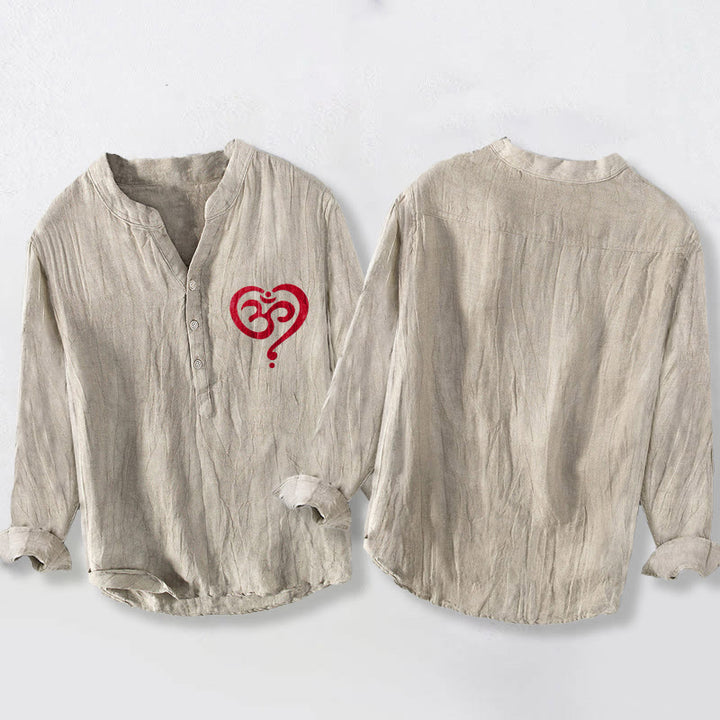 Camicia da uomo in cotone e lino a maniche lunghe con motivo a cuore con Buddha Stones e simbolo OM, bottoni a metà - image 2