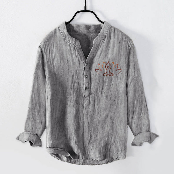 Camicia da uomo in cotone e lino a maniche lunghe con motivo Buddha Stones Lotus Meditating Figure, bottoni a metà - Grigio - US/UK/AU50, EU60 (5XL) - image 3