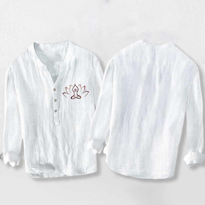 Camicia da uomo in cotone e lino a maniche lunghe con motivo Buddha Stones Lotus Meditating Figure, bottoni a metà - image 8