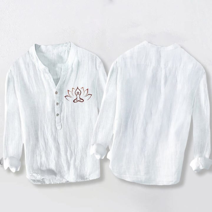 Camicia da uomo in cotone e lino a maniche lunghe con motivo Buddha Stones Lotus Meditating Figure, bottoni a metà - image 8