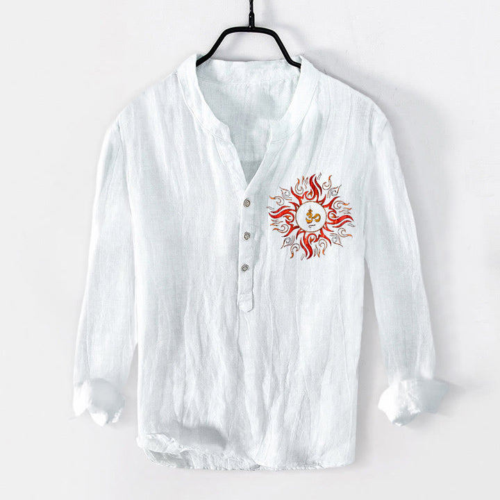 Buddha Stones da uomo in cotone e lino a maniche lunghe con motivo a simboli OM a forma di sole con bottoni a metà - Bianco - US/UK/AU50, EU60 (5XL) - image 6