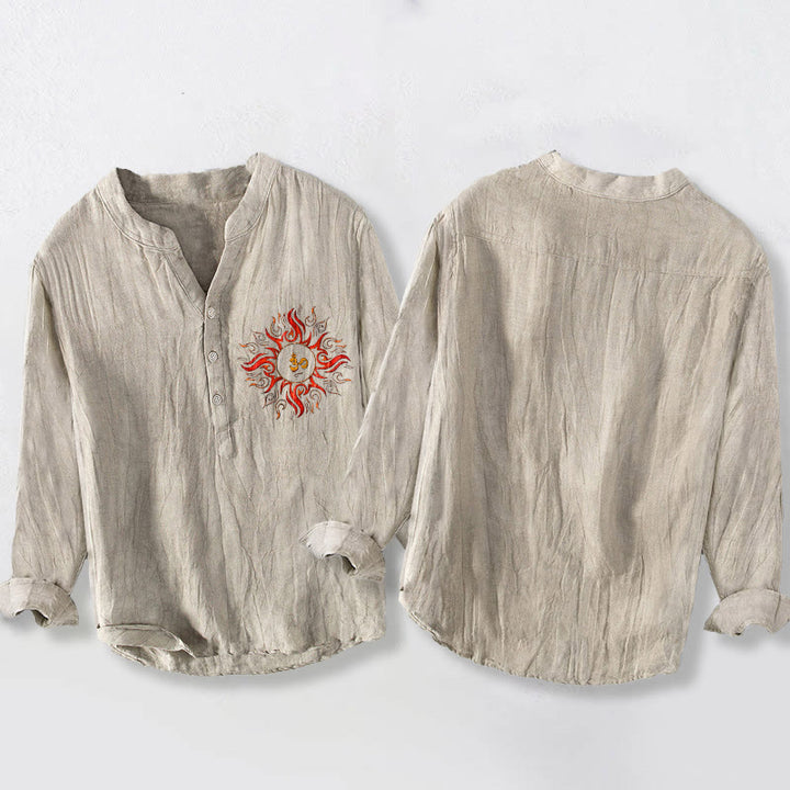 Buddha Stones da uomo in cotone e lino a maniche lunghe con motivo a simboli OM a forma di sole con bottoni a metà - image 2