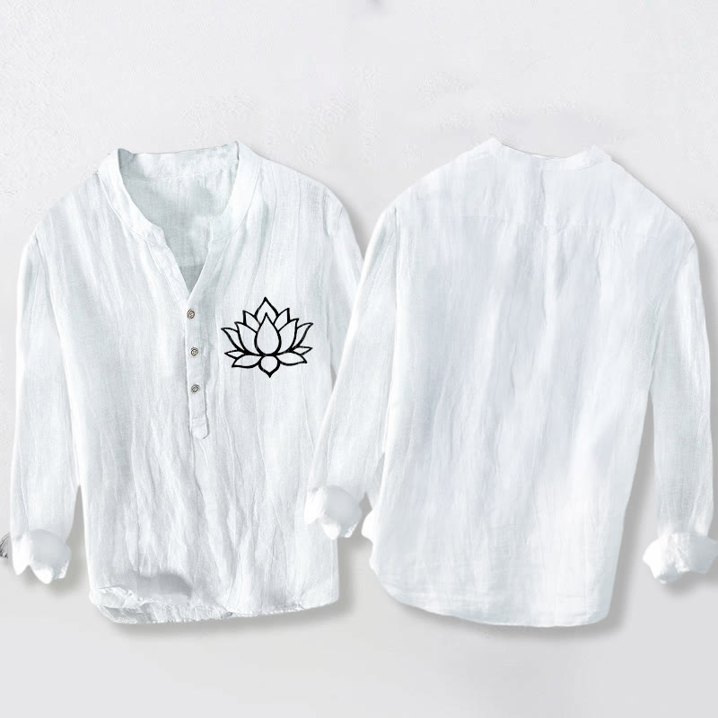 Camicia da uomo in cotone e lino a maniche lunghe con bottoni mezzi e motivo a fiori di loto Buddha Stones - image 8