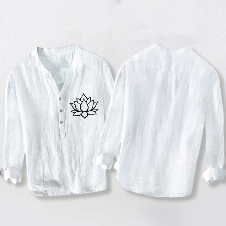 Camicia da uomo in cotone e lino a maniche lunghe con bottoni mezzi e motivo a fiori di loto Buddha Stones - image 8