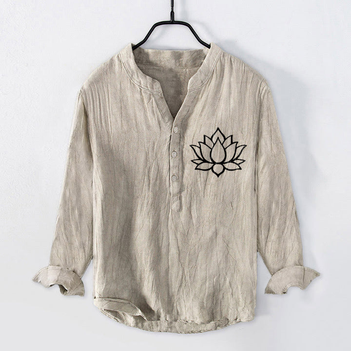 Camicia da uomo in cotone e lino a maniche lunghe con bottoni mezzi e motivo a fiori di loto Buddha Stones - Biancheria - US/UK/AU50, EU60 (5XL) - image 3