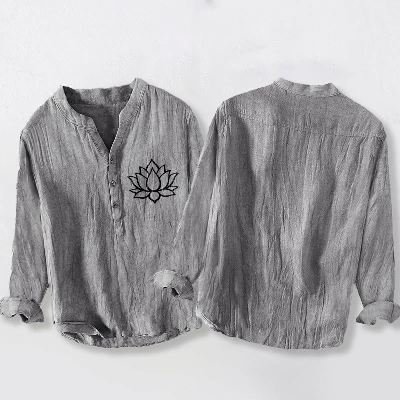 Camicia da uomo in cotone e lino a maniche lunghe con bottoni mezzi e motivo a fiori di loto Buddha Stones - image 2